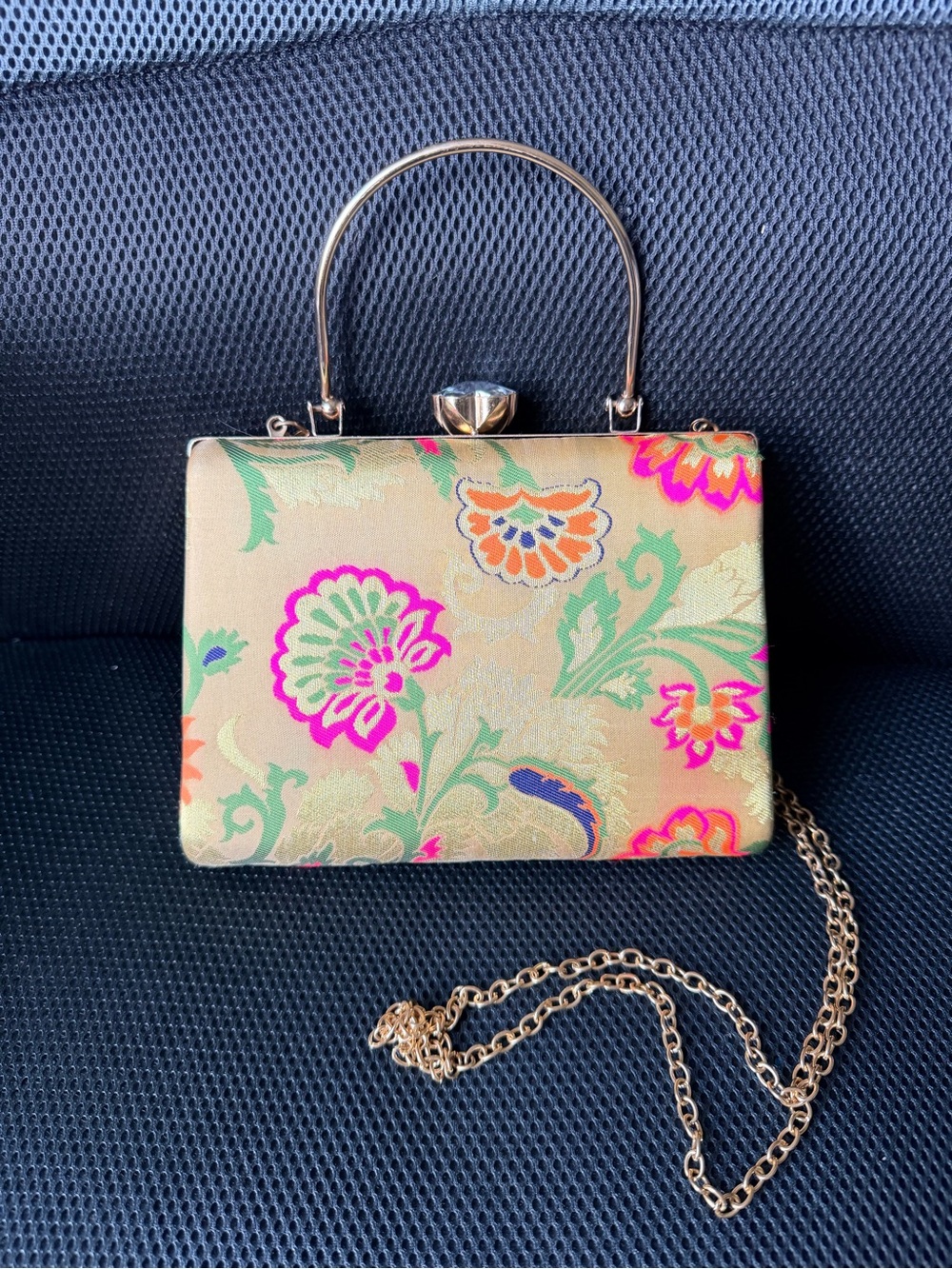 Floral Jacquard Box Clutch Handbag - Gold with Pink & Green Accents